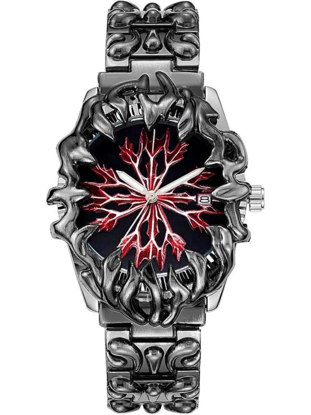 Men Red Dial Quartz Gothic Claw Unique Stainless Steel Luminous Waterproof Watch